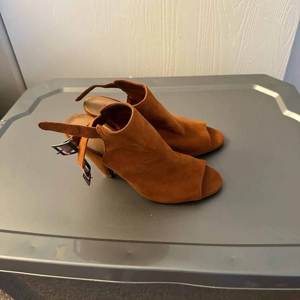 BAMBOO Brown Open-Toe Heels